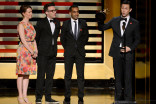 Joseph Gordon-Levitt (r) and the HitRECord on TV team accept an award at the 2014 Primetime Creative Arts Emmys.