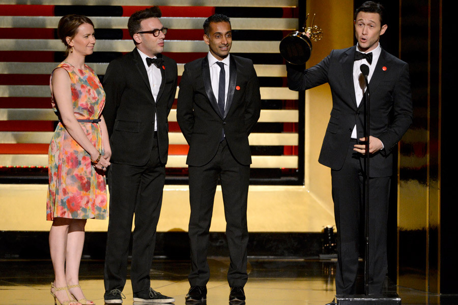 Joseph Gordon-Levitt (r) and the HitRECord on TV team accept an award at the 2014 Primetime Creative Arts Emmys.