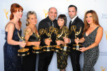 Sarah Egan, Melanie Demitri, Louie Zakarian, Amy Tagliamonti, Jason Milani, and Daniela Zivkovic backstage at the Creative Arts Emmy Awards 2015.