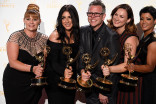 Daina Daigle, Michelle Ceglia, Monte C. Haught, Amy Wood and Sherri B. Hamilton backstage at the 2015 Creative Arts Emmys.