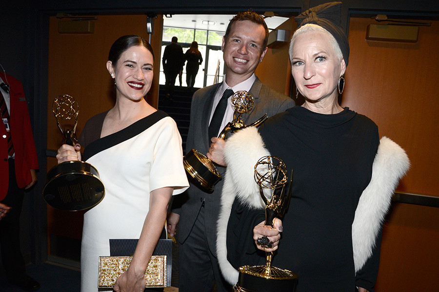 Elizabeth Macey, Ken van Duyne and Lou Eyrich backstage at the 2015 Creative Arts Emmys.