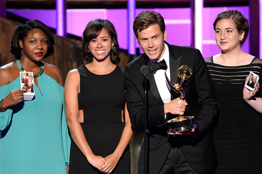 Felicia Daniels, and from left, Marina Cockenberg, Gavin Purcell and Christine Friar accepts their award at the 2015 Creative Arts Emmy Awards.