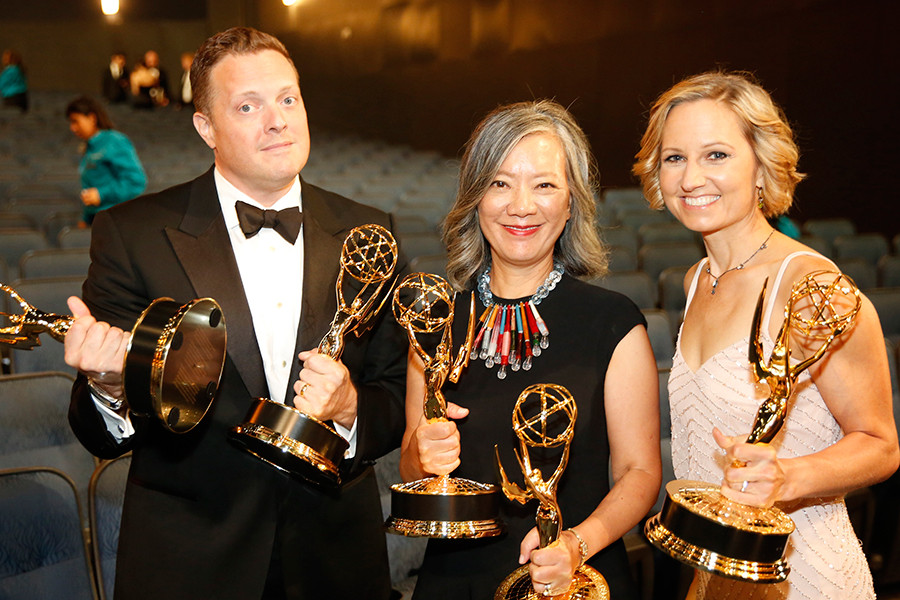 Robert Mancini, Lisa Hsia and Aimee Viles backstage at the 2015 Creative Arts Emmy Awards.