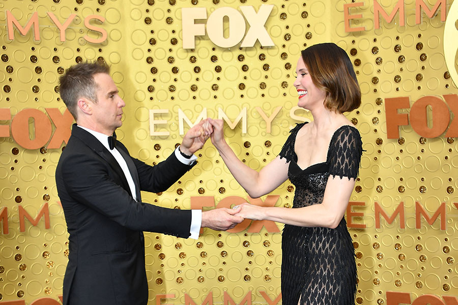 Sam Rockwell and Leslie Bibb on the red carpet at the 71st Emmy Awards. 