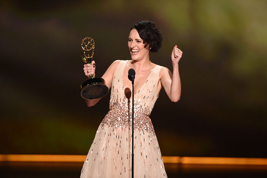 Phoebe Waller-Bridge accepts her award at the 71st Emmy Awards.