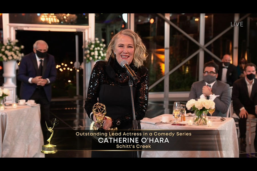 Catherine O&#039;Hara accepts the award for Outstanding Lead Actress in a Comedy Series for Schitt&#039;s Creek at the 72nd Emmy Awards.