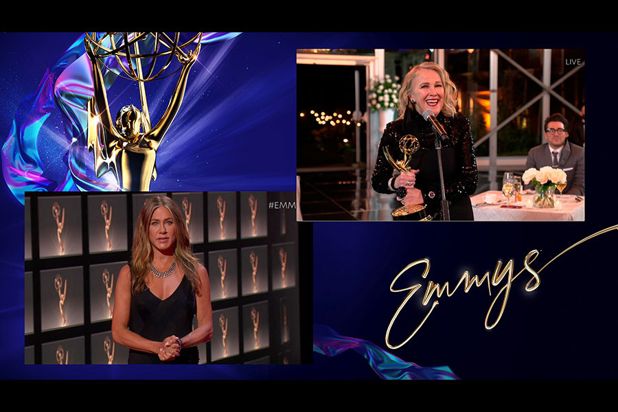 Jennifer Aniston presents the Emmy for Outstanding Lead Actress in a Comedy Series to Catherine O'Hara for Schitt’s Creek at the 72nd Emmy Awards.