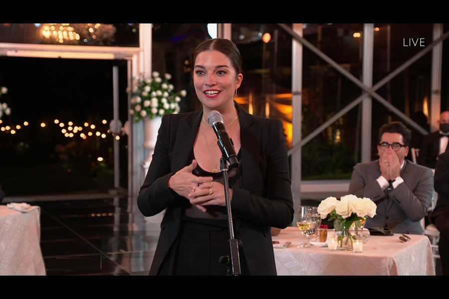 Annie Murphy accepts the Emmy for Outstanding Supporting Actress in a Comedy Series for Schitt&#039;s Creek at the 72nd Emmy Awards.