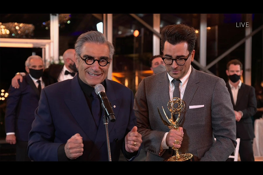 Eugene Levy and Daniel Levy accept the award for Outstanding Comedy Series for Schitt's Creek at the 72nd Emmy Awards.