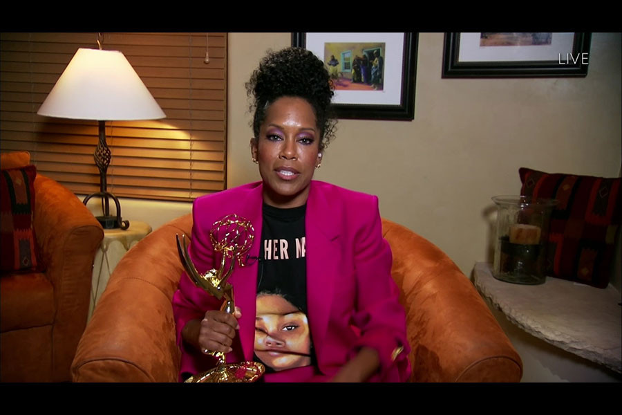 Regina King accepts the Emmy for Outstanding Lead Actress in a Limited Series or Movie for Watchmen at the 72nd Emmy Awards.