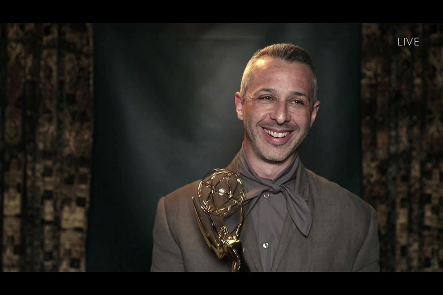 Jeremy Strong accepts the Emmy for Outstanding Lead Actor in a Drama Series for Succession at the 72nd Emmy Awards.