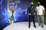 Safety first! Stewart and Hudlin model the Emmy-branded masks nominees will get this year.