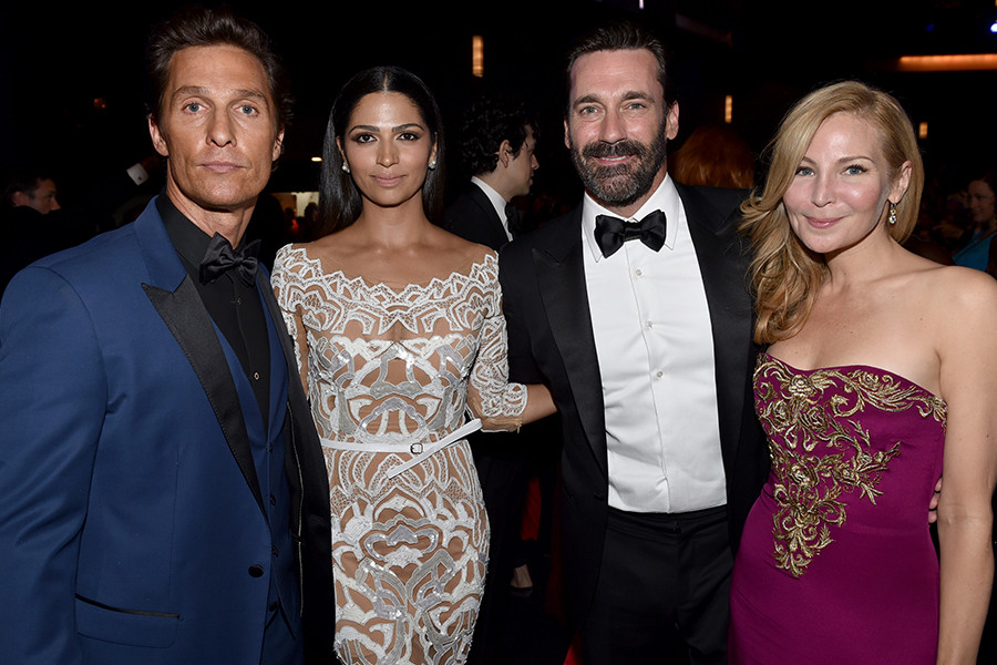 (From left) Matthew McConaughey, Camila Alves, Jon Hamm, and Jennifer Westfeldt at the 66th Emmy Awards.