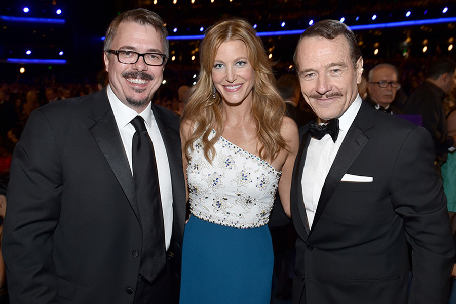 Vince Gilligan (l) of Breaking Bad, Anna Gunn (c) of Gracepoint and Bryan Cranston (r) of Breaking Bad at the 66th Emmys.