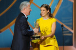 Kate Walsh presents Colin Bucksey with the award for outstanding directing for his work on Fargo at the 66th Emmys.