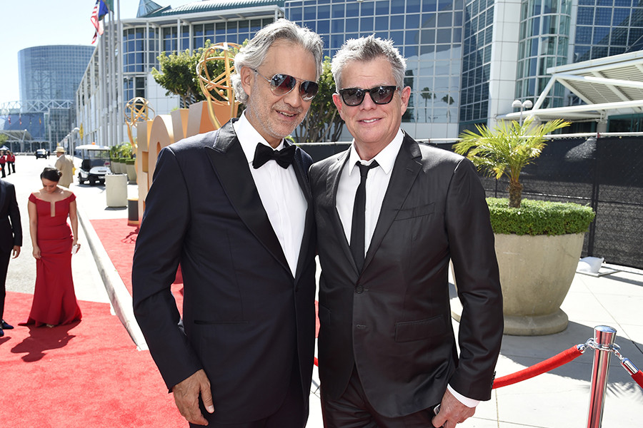 Andrea Bocelli and David Foster on the red carpet at the 67th Emmy Awards. 