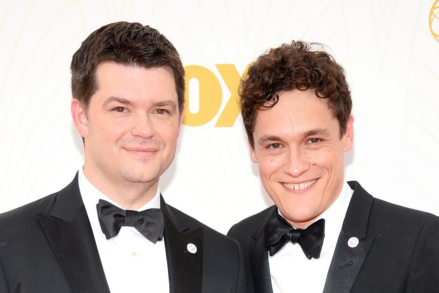 Chris Miller and Phil Lord on the red carpet at the 67th Emmy Awards.