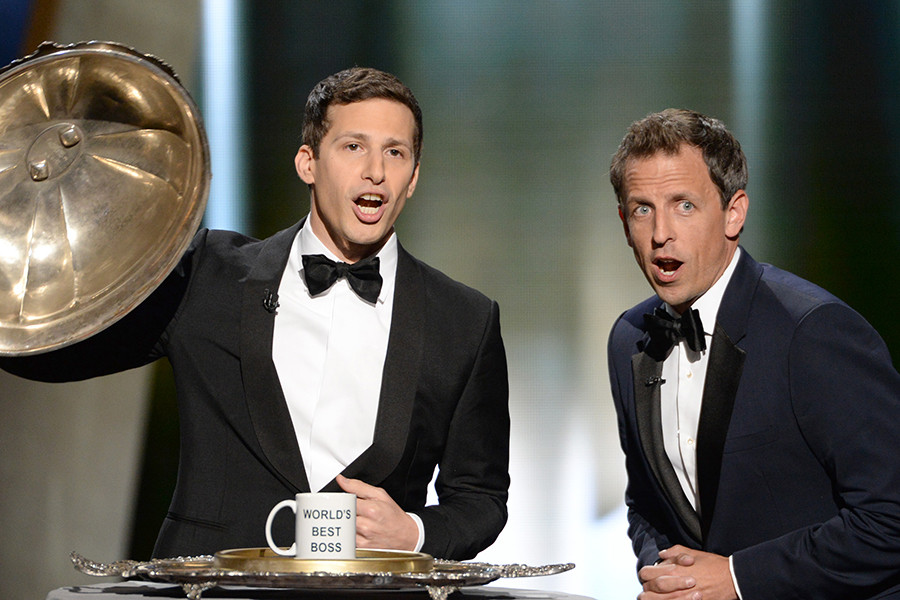 Andy Samberg and Seth Meyers at the 67th Emmy Awards.