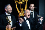 Simon Blackwell, Amando Ianucci and Tony Roche backstage at the 67th Emmy Awards. 