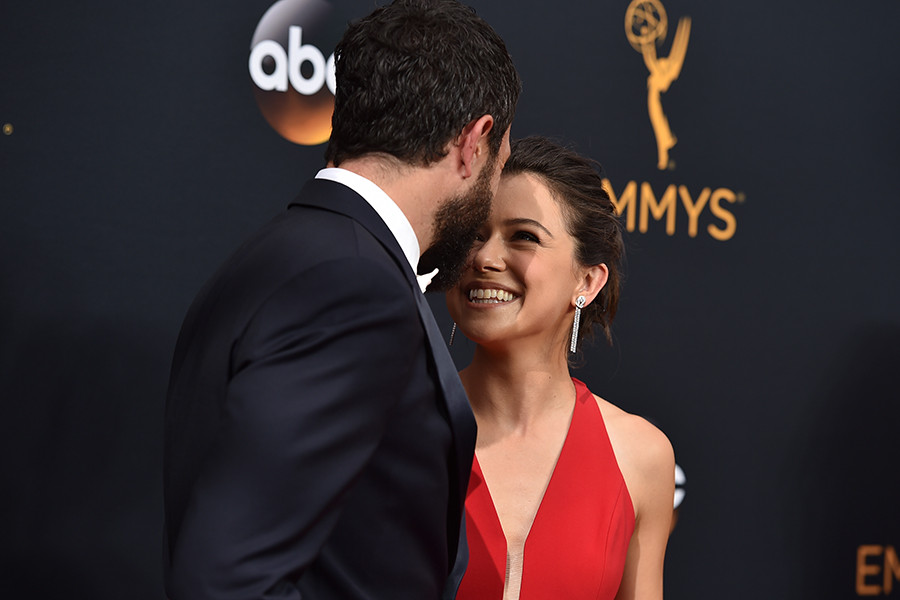 Tom Cullen and Tatiana Maslany on the red carpet at the 2016 Primetime Emmys.