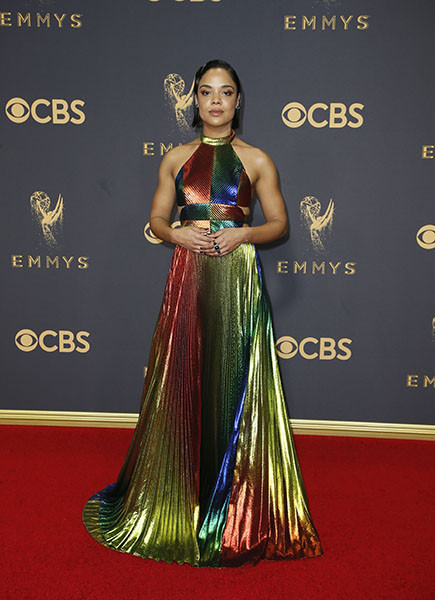 Tessa Thompson on the red carpet at the 2017 Primetime Emmys. 