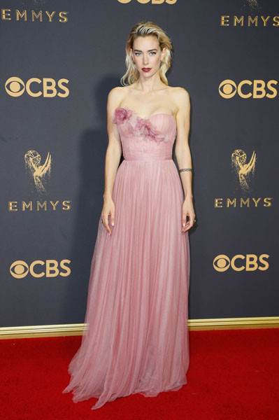 Vanessa Kirby on the red carpet at the 2017 Primetime Emmys.