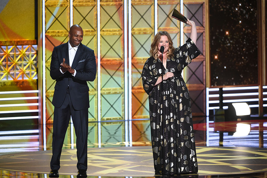 Dave Chappelle and Melissa McCarthy on stage at the 2017 Primetime Emmys.