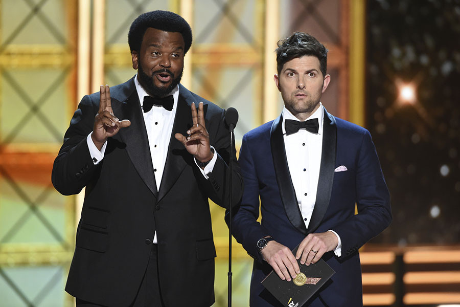 Craig Robinson and Adam Scott on stage at the 69th Primetime Emmy Awards