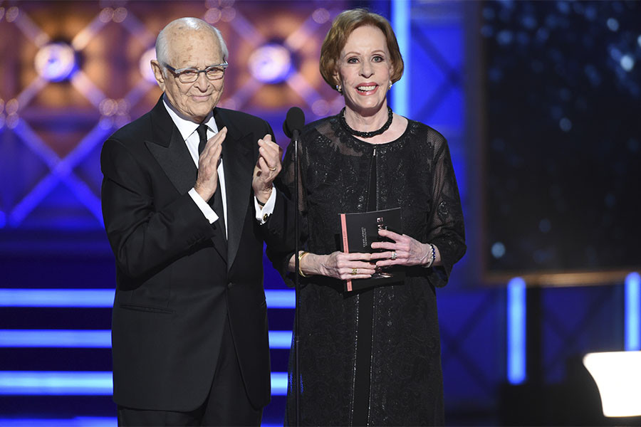 Norman Lear and Carol Burnett on stage at the 2017 Primetime Emmys.