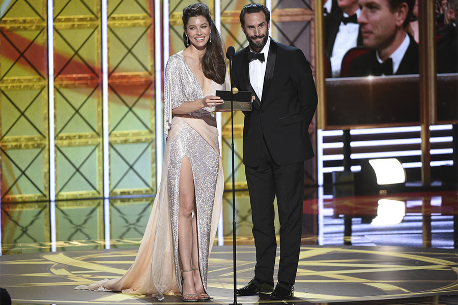 Jessica Biel and Joseph Fiennes presents an award at the 69th Primetime Emmy Awards