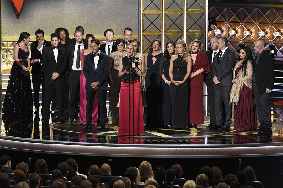 Audrey Morrissey accepts her award at the 69th Primetime Emmy Awards