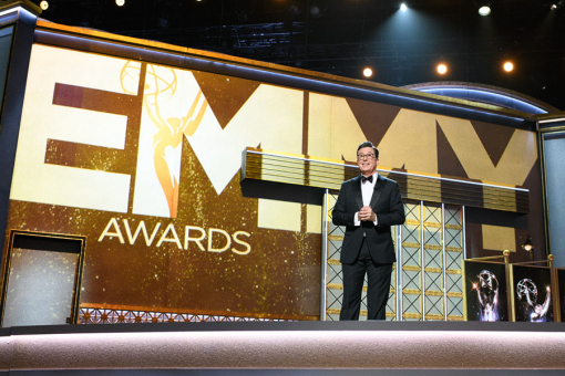 Stephen Colbert hosting at the 69th Emmy Awards. 