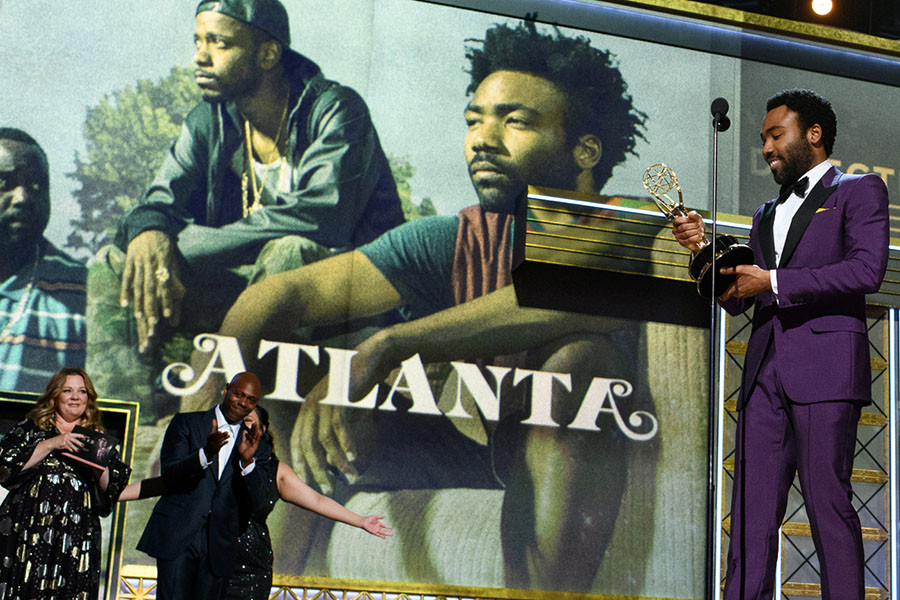 Donald Glover accepts an award at the 69th Emmy Awards.