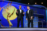 James Cordon and Seth Myers present an award at the 69th Primetime Emmys. 