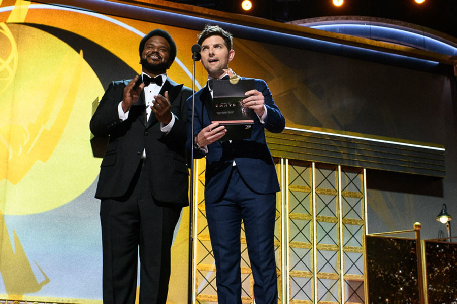 Craig Robinson and Adam Scott present an award at the 69th Primetime Emmys. 