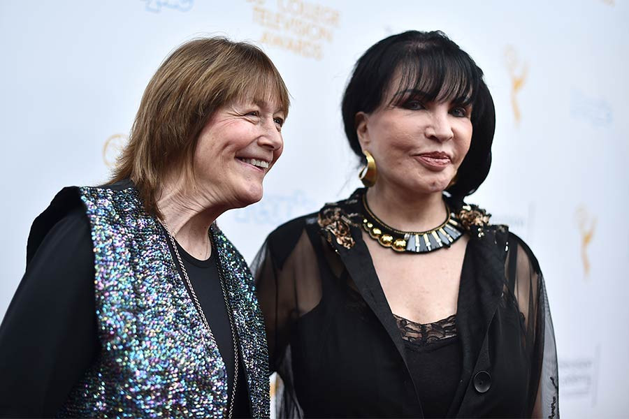 Geri Jewell and Loreen Arbus arrive at the 36th College Television Awards at the Skirball Cultural Center in Los Angeles, April 23, 2015.