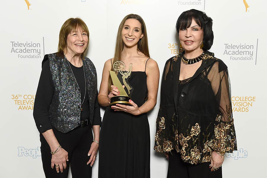 Geri Jewell, Natalie Whalen, and Loreen Arbus on the Winners Walk at the 36th College Television Awards at the Skirball Cultural Center in Los Angeles, April 23, 2015.