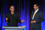 Editor Jaime Sanchez, right, and Cameraman Jorge Diaz of KVEA Telemundo 52 6pm Newscast accept the award for serious news story – single report for “Veteranos Desterrados” on stage at the Television Academy’s 66th Los Angeles Area Emmy Awards