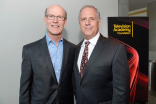 Jerry Petry and Kevin Hamburger, vice chair of the Television Academy executive committee, at the cocktail party at the 36th College Television Awards at the Skirball Cultural Center in Los Angeles, April 23, 2015.