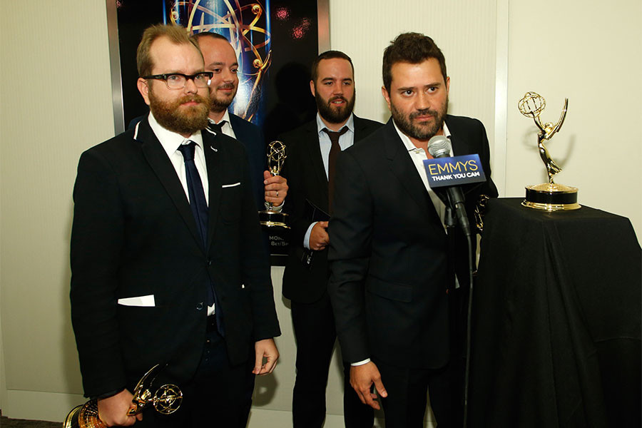 Members of the KCET news team speak on the thank you cam at the 66th Los Angeles Area Emmy Awards.