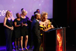 Khallid Shabazz and Frava Burgess accept an award at the 68th Los Angeles Area Emmys, July 23, 2016, at the Saban Media Center, North Hollywood, California. 