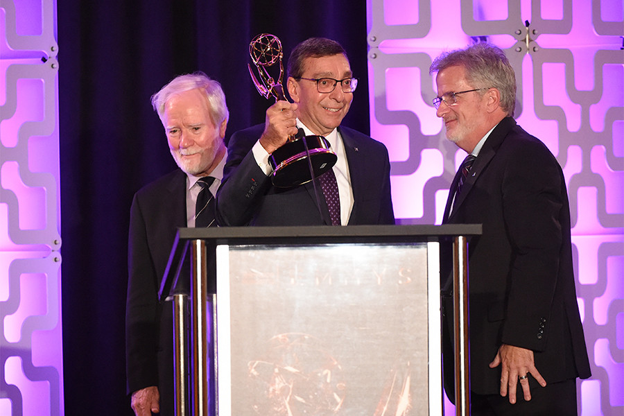 Larry Thorpe, Elliot Peck, and Tim Smith accept the award for Canon 4k Zoom Lenses at the 69th Engineering Emmy Awards at the Loews Hollywood Hotel on Wednesday, October 25, 2017 in Hollywood, California. 