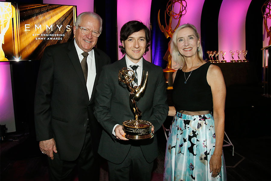 Television Academy senior vice president of awards John Leverence, show host Josh Brener, and chair of the Engineering Emmys committee Wendy Aylesworth at the 2015 Engineering Emmys at the Loews Hotel in Los Angeles, October 28, 2015. 