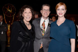 Television Academy governor Lily Tomlin, Television Academy governor Bob Bergen, and Christina Hendricks at the Performers Nominee Reception September 19, 2015, at the Pacific Design Center in Los Angeles, California.