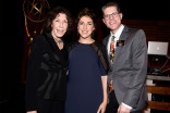 Television Academy governor Lily Tomlin, Mayim Bialik, and Television Academy governor Bob Bergen at the Performers Nominee Reception September 19, 2015, at the Pacific Design Center in Los Angeles, California.