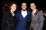 Television Academy governor Lily Tomlin, Richard Cabral, and Television Academy governor Bob Bergen at the Performers Nominee Reception September 19, 2015, at the Pacific Design Center in Los Angeles, California.