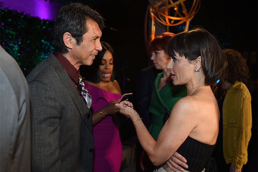 Lou Diamond Phillips and Constance Zimmer at the Performers Peer Group Celebration, August 22, 2016, at the Montage Beverly Hills in Beverly Hills, California.