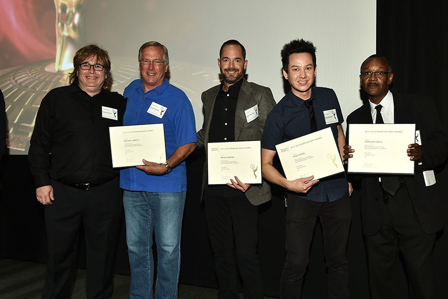 Nominees Michael Bernard, Michael Abbott, Brian Riordan, Ryan Young, and Sterling Cross at the Sound Editing and Sound Mixing nominee reception, September 8, 2016 at the Saban Media Center in North Hollywood, California.