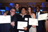 Television Academy governor Monte Haught with nominees Dean Banowetz, Ralph Abalos, Sallie Nicole, and Sean Smith at the Makeup and Hair Designers nominee reception September 8, 2015 in Los Angeles, California.