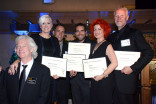 Television Academy governor Norman T. Leavitt with nominees Eryn Krueger-Mekash, Michael Mekash, James MacKinnon, Kim Ayres, and Christopher Nelson at the Makeup and Hair Designers nominee reception September 8, 2015 in Los Angeles, California.
